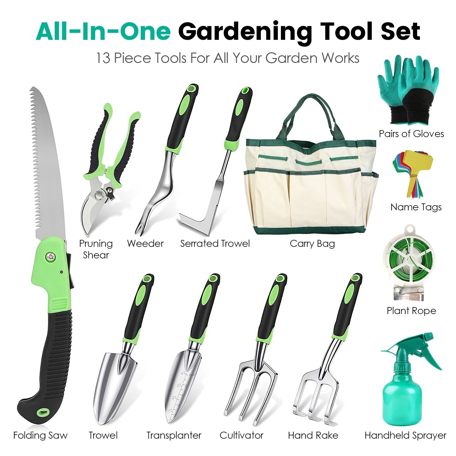Ultimate 13Pcs Rustproof Garden Tool Set with Ergonomic Handles