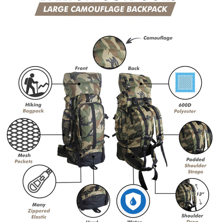 Camouflage 30" Hiking/Camping Water-Resistant Mountaineer's Backpack