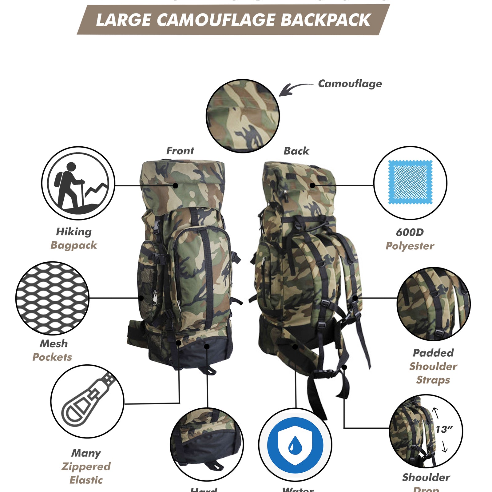 Camouflage 30" Hiking/Camping Water-Resistant Mountaineer's Backpack